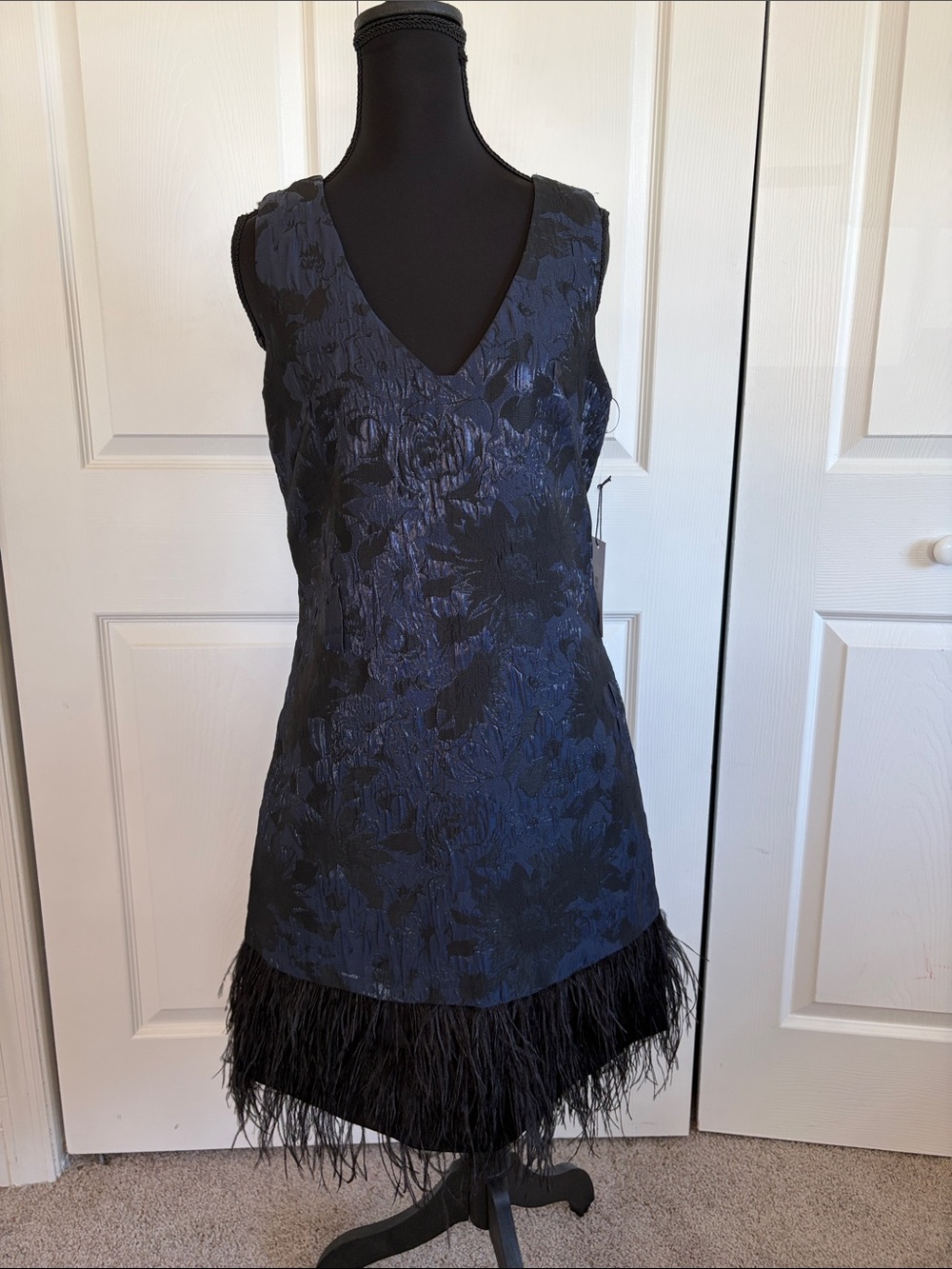 Bailey 44 Metallic Blue Black Jacquard Dress Feather Fringe XS NWT Gatsby Hoco